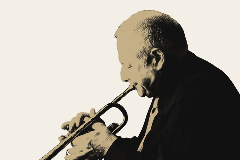 Glenn Zottola playing the trumpet in greyscale.